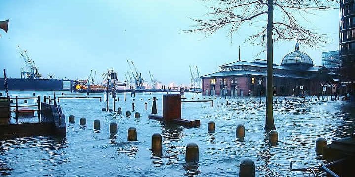 Hamburg bei Regen, Fischauktionshalle überschwemmt